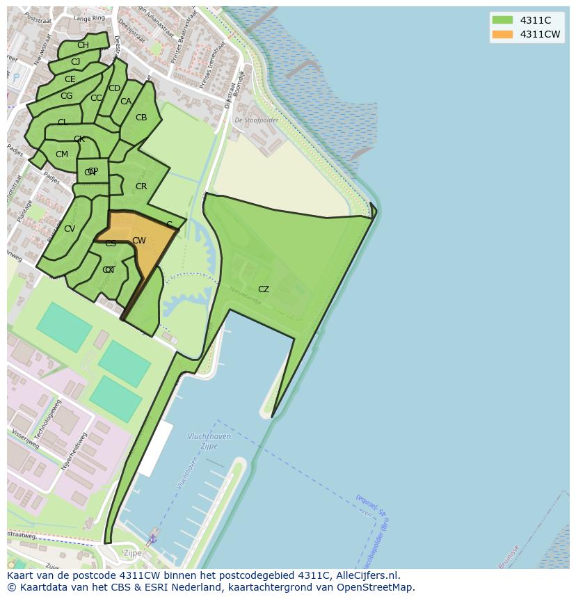 Afbeelding van het postcodegebied 4311 CW op de kaart.