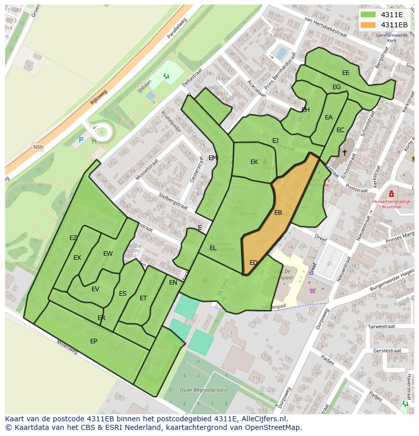Afbeelding van het postcodegebied 4311 EB op de kaart.