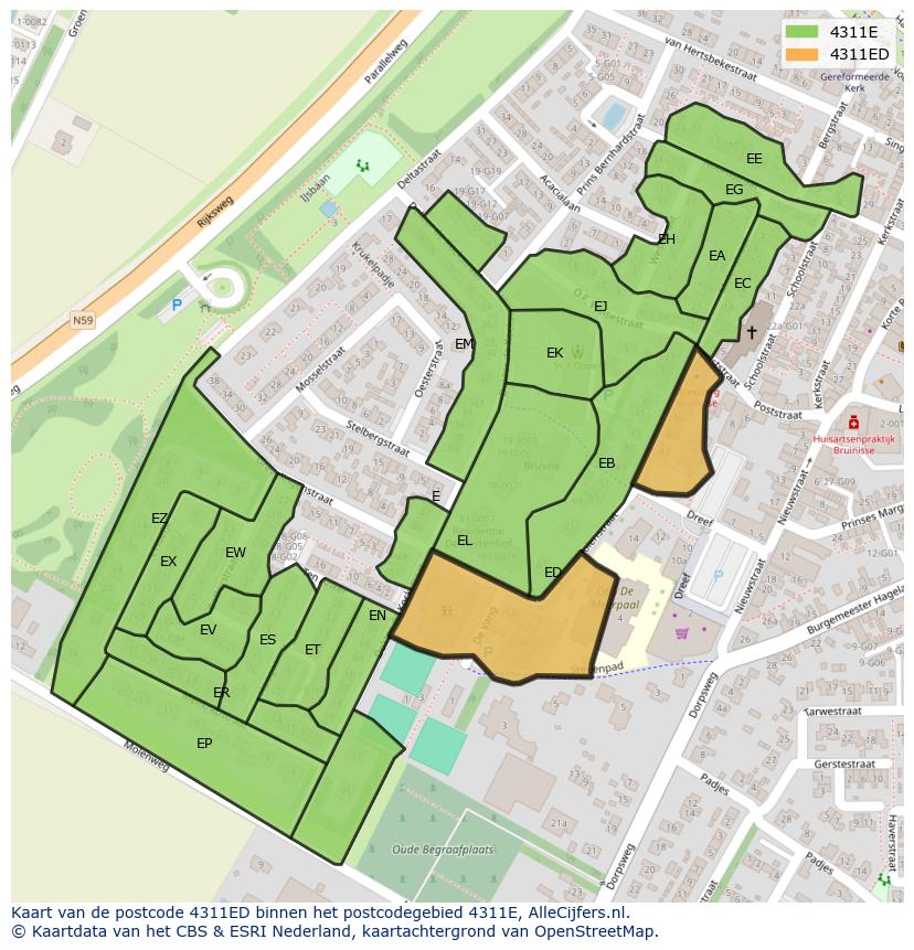 Afbeelding van het postcodegebied 4311 ED op de kaart.