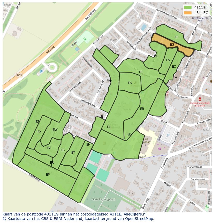 Afbeelding van het postcodegebied 4311 EG op de kaart.