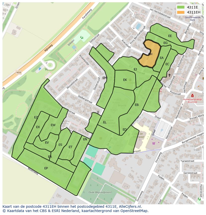 Afbeelding van het postcodegebied 4311 EH op de kaart.