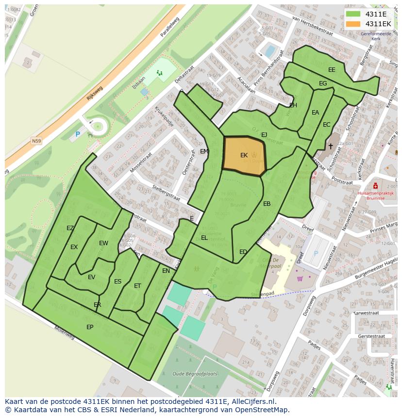 Afbeelding van het postcodegebied 4311 EK op de kaart.