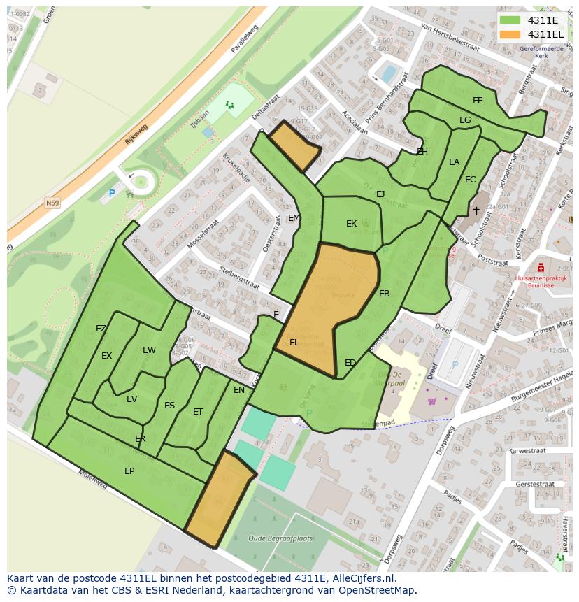 Afbeelding van het postcodegebied 4311 EL op de kaart.