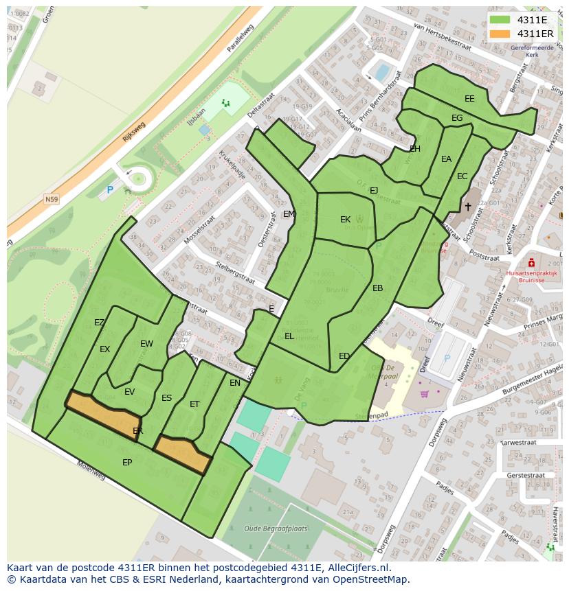 Afbeelding van het postcodegebied 4311 ER op de kaart.