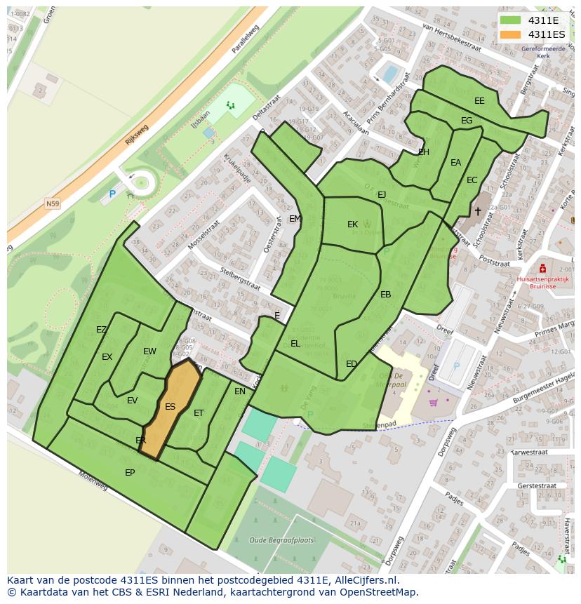 Afbeelding van het postcodegebied 4311 ES op de kaart.