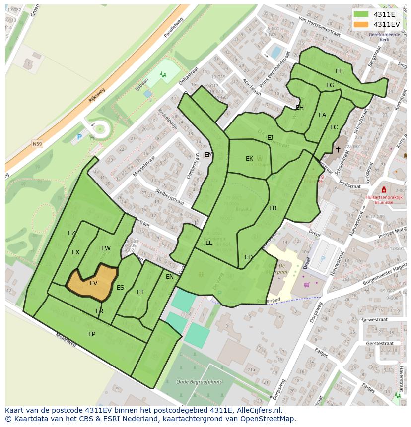 Afbeelding van het postcodegebied 4311 EV op de kaart.