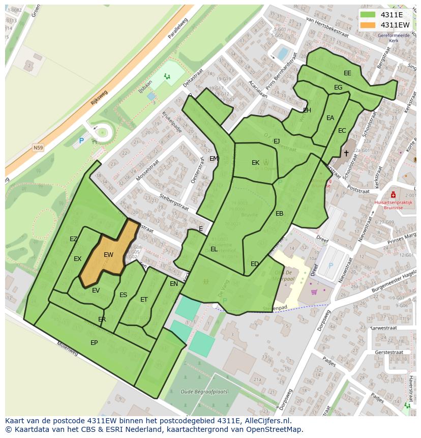 Afbeelding van het postcodegebied 4311 EW op de kaart.