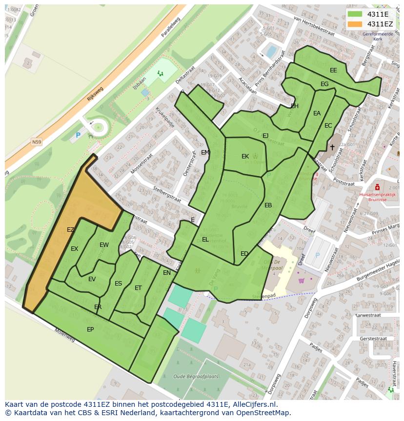 Afbeelding van het postcodegebied 4311 EZ op de kaart.