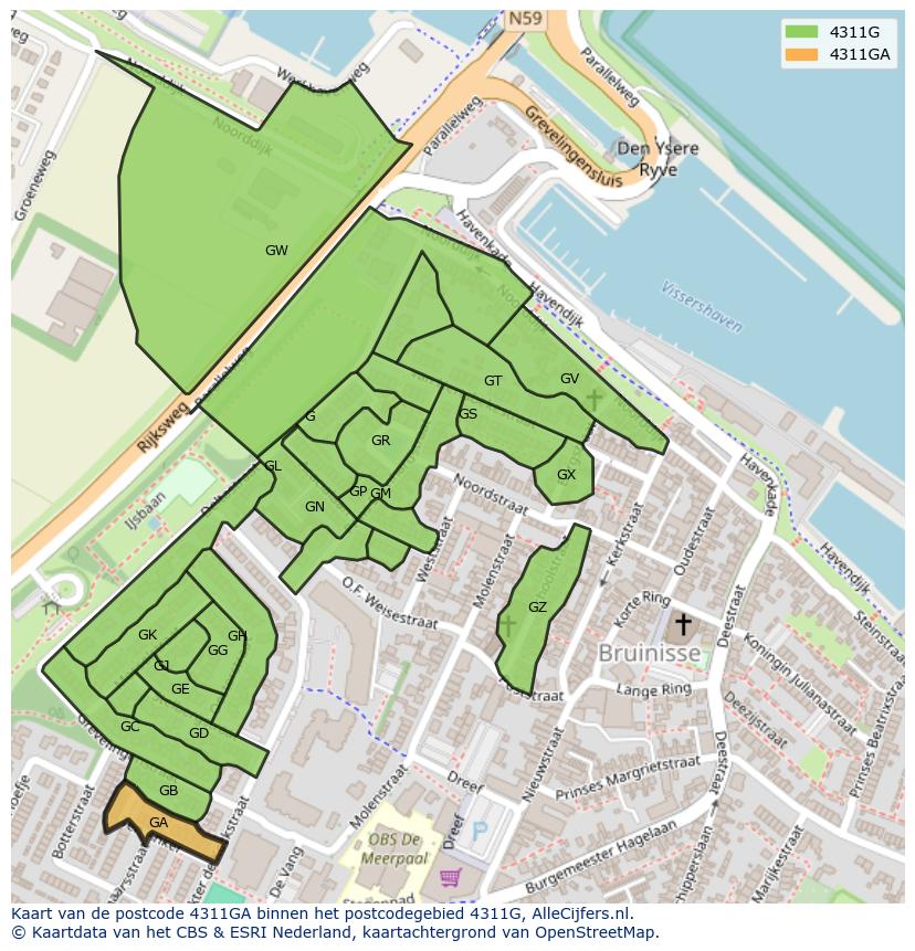 Afbeelding van het postcodegebied 4311 GA op de kaart.