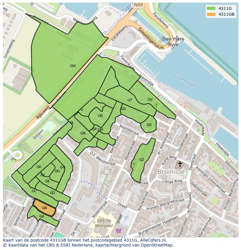 Afbeelding van het postcodegebied 4311 GB op de kaart.