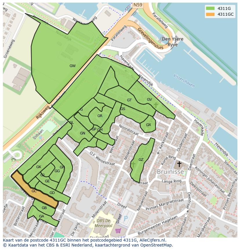Afbeelding van het postcodegebied 4311 GC op de kaart.
