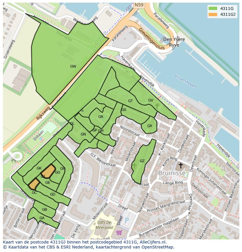 Afbeelding van het postcodegebied 4311 GJ op de kaart.