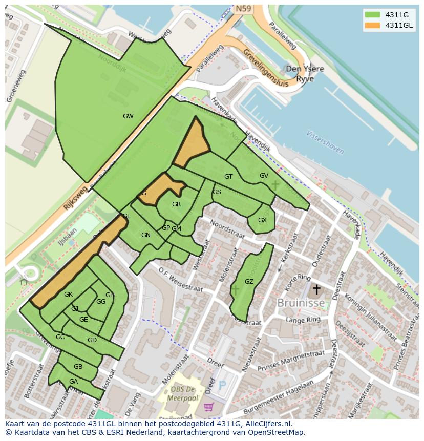 Afbeelding van het postcodegebied 4311 GL op de kaart.