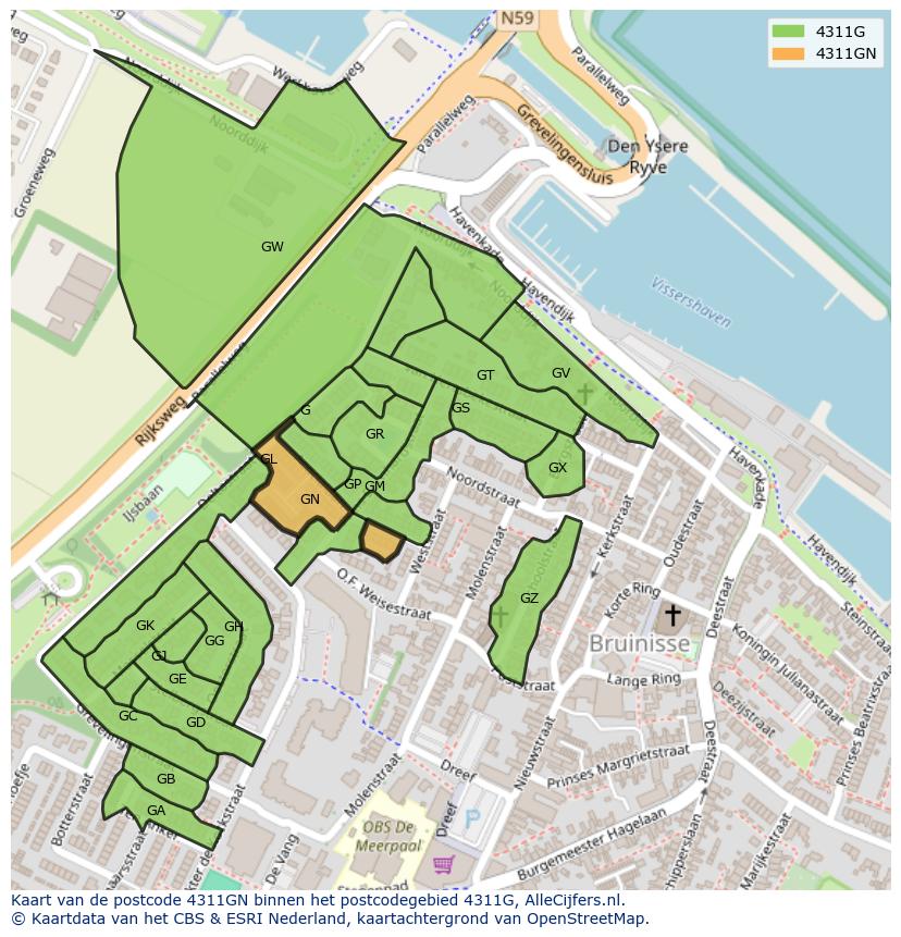 Afbeelding van het postcodegebied 4311 GN op de kaart.