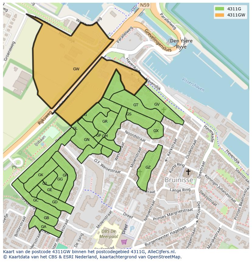 Afbeelding van het postcodegebied 4311 GW op de kaart.