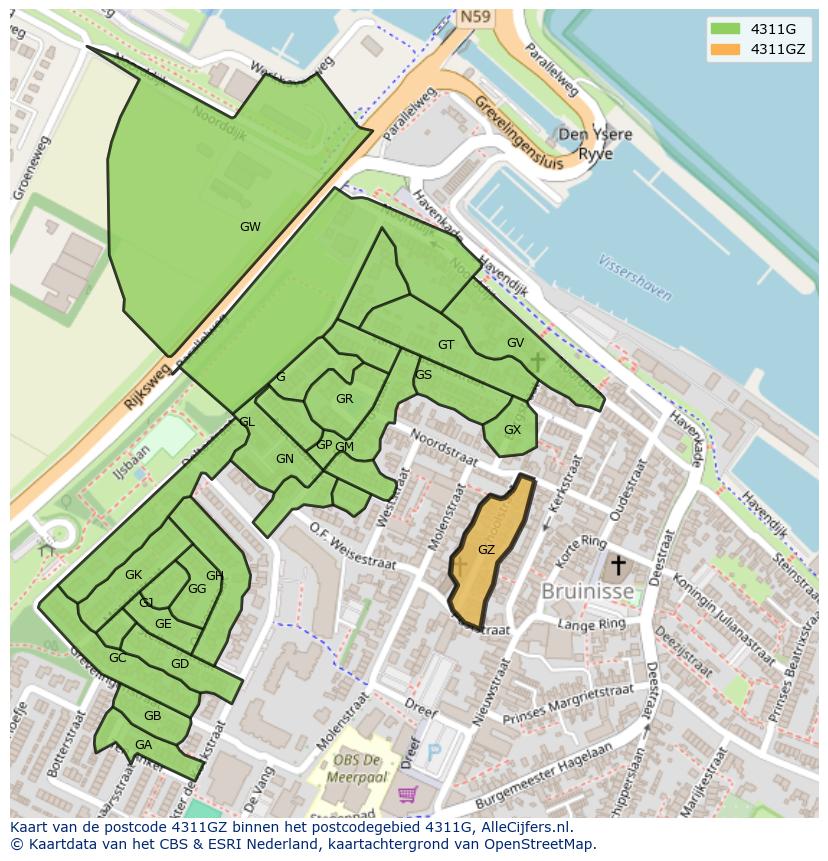 Afbeelding van het postcodegebied 4311 GZ op de kaart.
