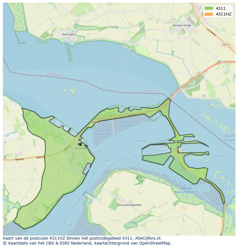 Afbeelding van het postcodegebied 4311 HZ op de kaart.