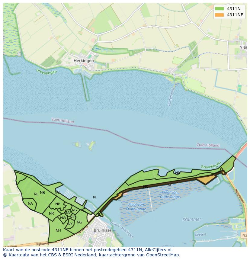 Afbeelding van het postcodegebied 4311 NE op de kaart.