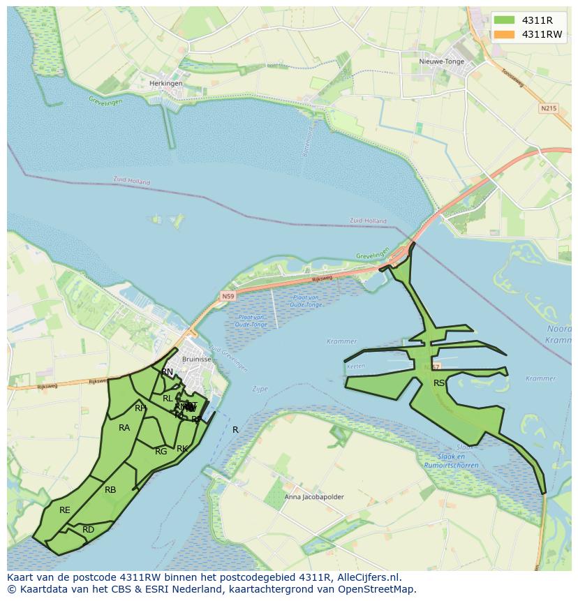 Afbeelding van het postcodegebied 4311 RW op de kaart.