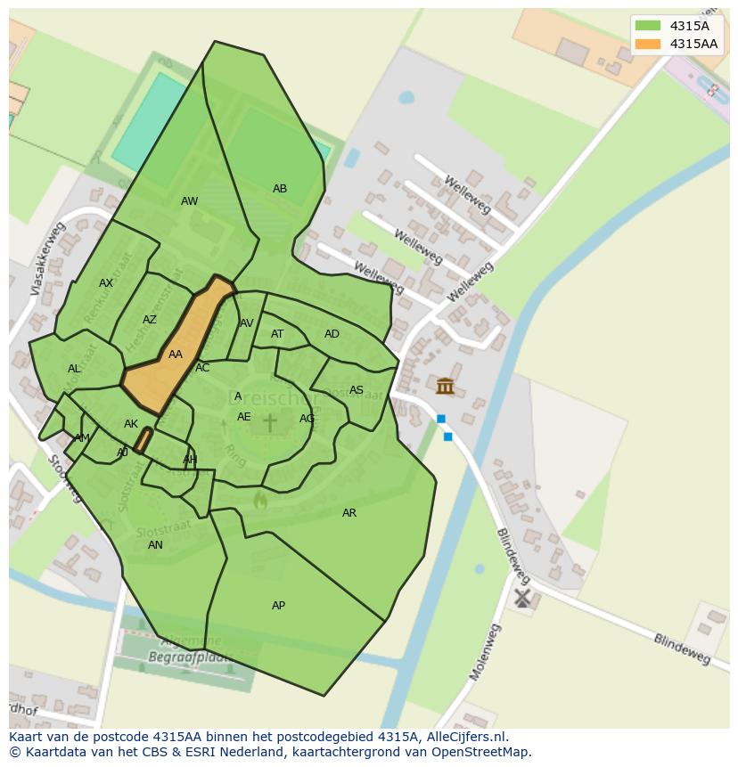 Afbeelding van het postcodegebied 4315 AA op de kaart.