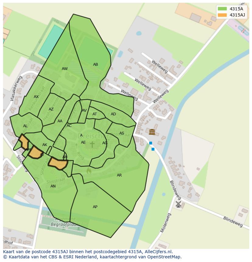 Afbeelding van het postcodegebied 4315 AJ op de kaart.