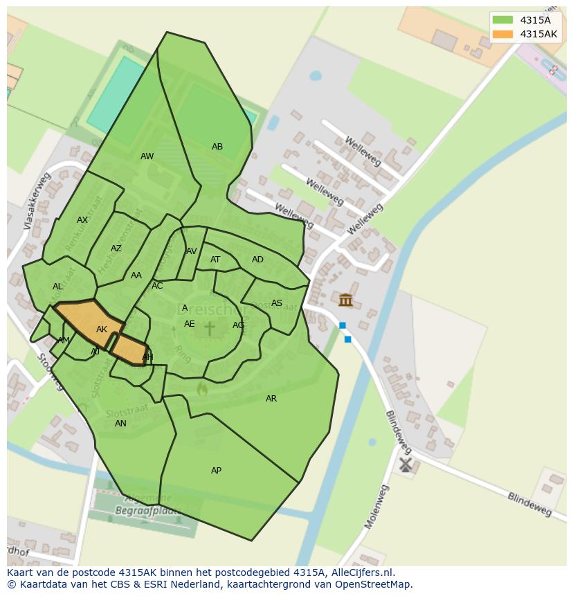 Afbeelding van het postcodegebied 4315 AK op de kaart.
