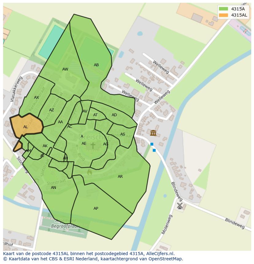 Afbeelding van het postcodegebied 4315 AL op de kaart.
