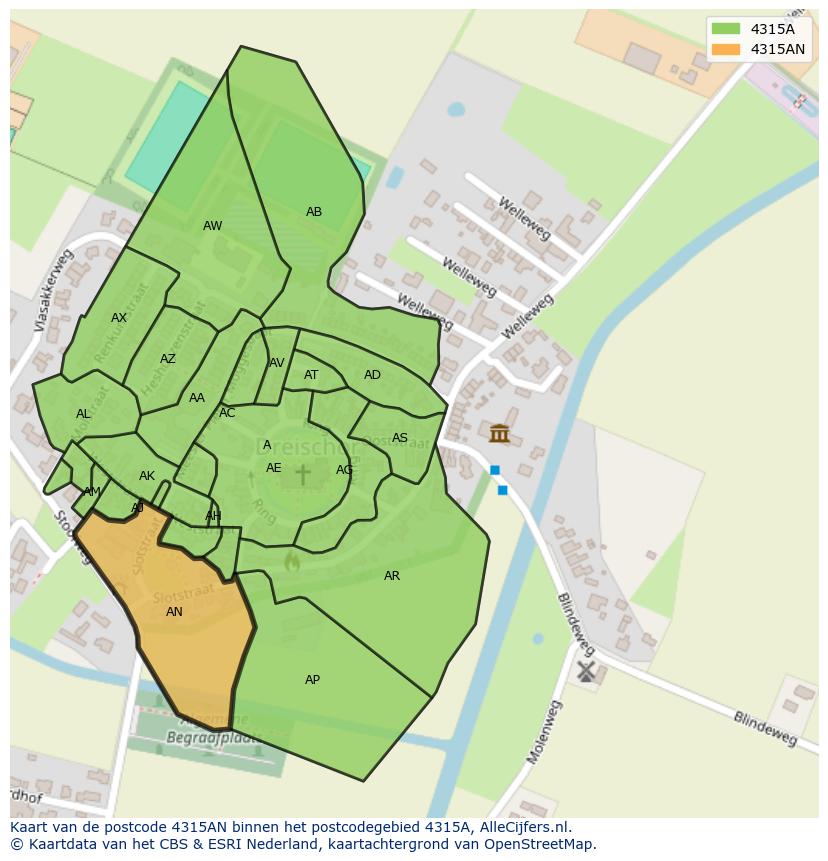 Afbeelding van het postcodegebied 4315 AN op de kaart.