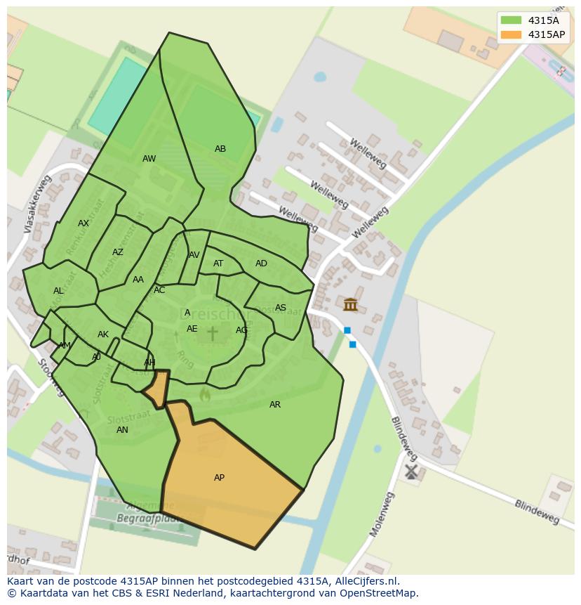 Afbeelding van het postcodegebied 4315 AP op de kaart.