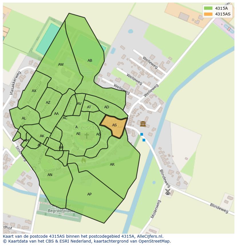 Afbeelding van het postcodegebied 4315 AS op de kaart.