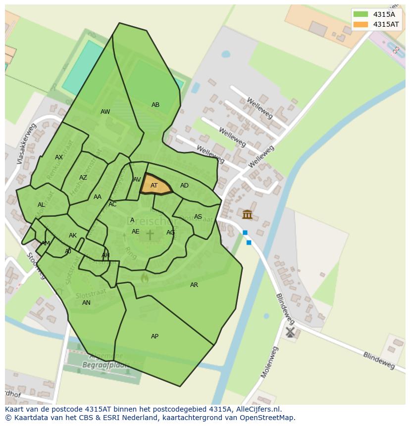 Afbeelding van het postcodegebied 4315 AT op de kaart.