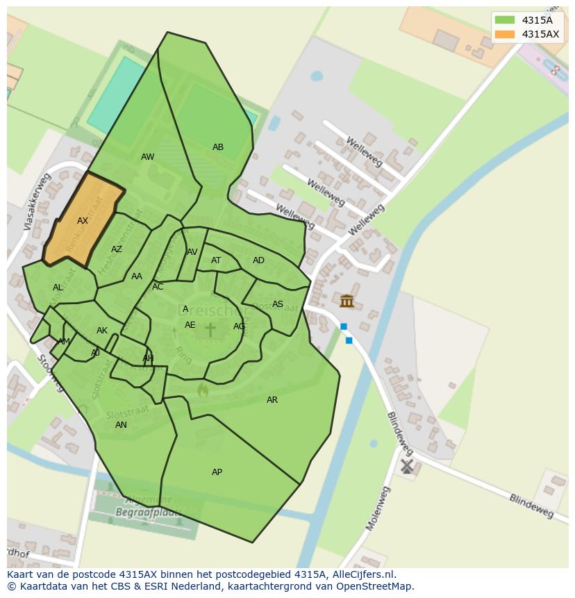 Afbeelding van het postcodegebied 4315 AX op de kaart.