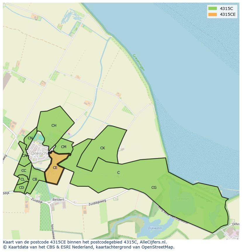 Afbeelding van het postcodegebied 4315 CE op de kaart.