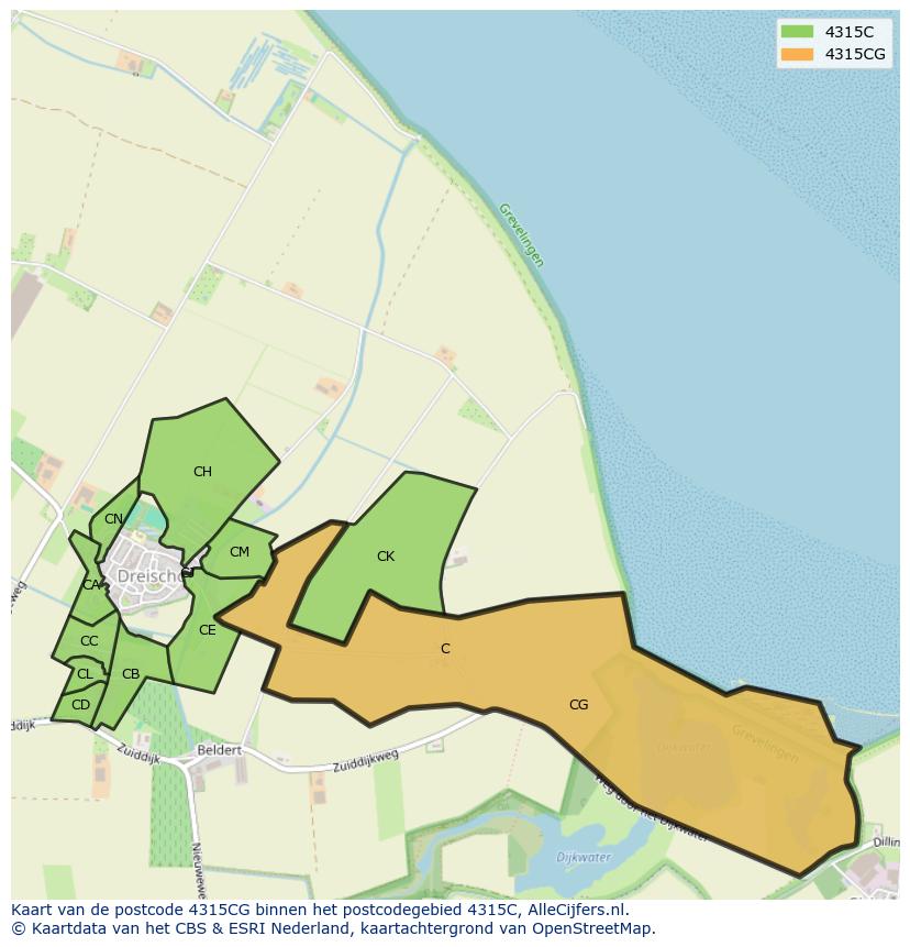Afbeelding van het postcodegebied 4315 CG op de kaart.