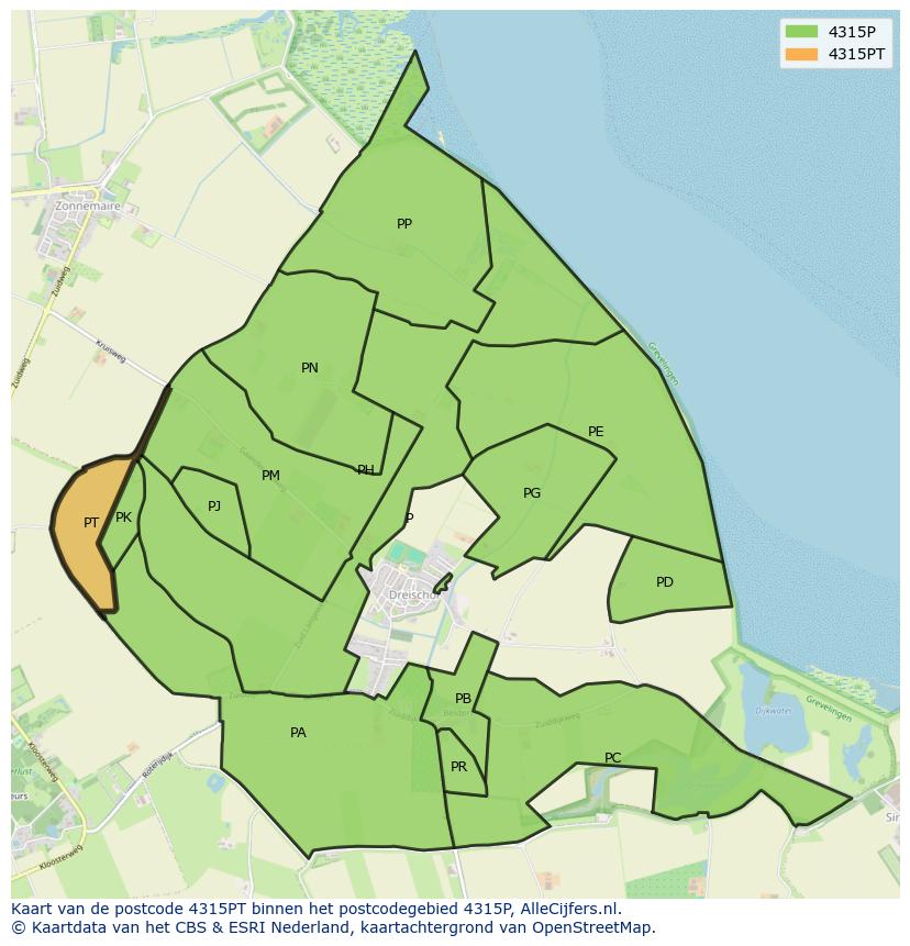 Afbeelding van het postcodegebied 4315 PT op de kaart.