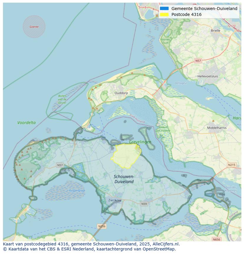 Afbeelding van het postcodegebied 4316 op de kaart.