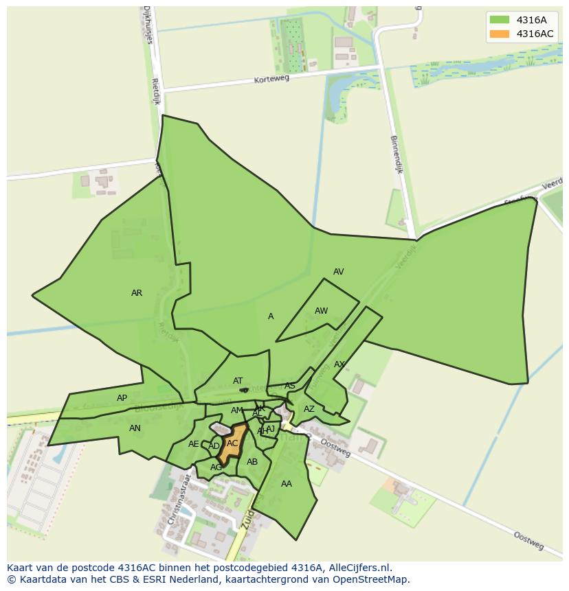 Afbeelding van het postcodegebied 4316 AC op de kaart.