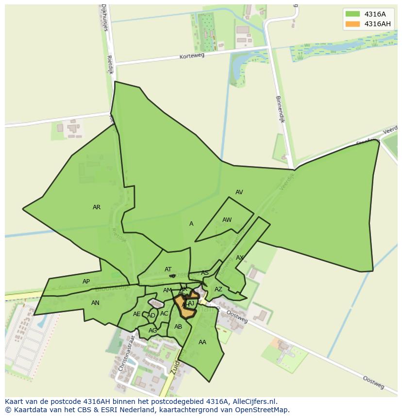 Afbeelding van het postcodegebied 4316 AH op de kaart.