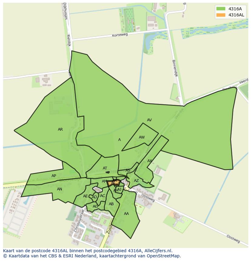 Afbeelding van het postcodegebied 4316 AL op de kaart.