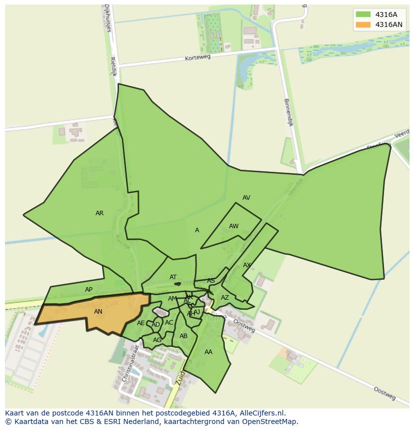 Afbeelding van het postcodegebied 4316 AN op de kaart.
