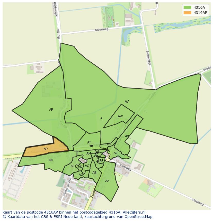 Afbeelding van het postcodegebied 4316 AP op de kaart.