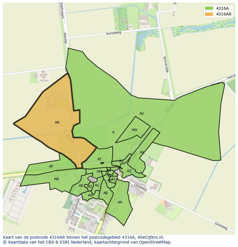 Afbeelding van het postcodegebied 4316 AR op de kaart.
