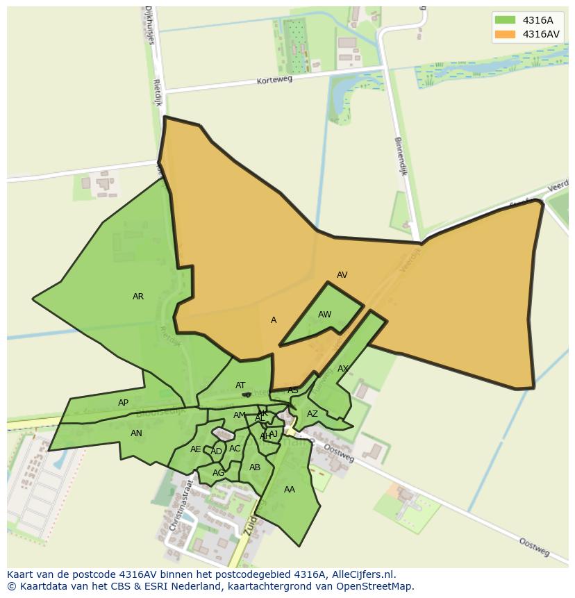 Afbeelding van het postcodegebied 4316 AV op de kaart.
