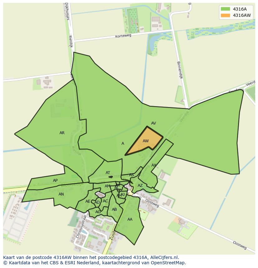 Afbeelding van het postcodegebied 4316 AW op de kaart.