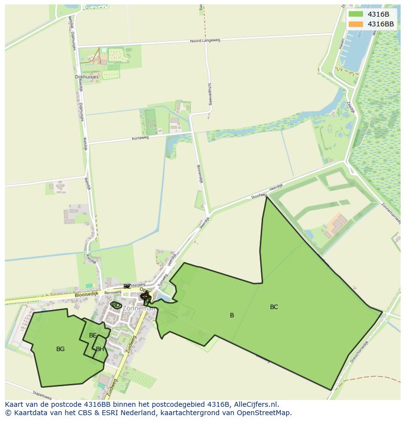 Afbeelding van het postcodegebied 4316 BB op de kaart.