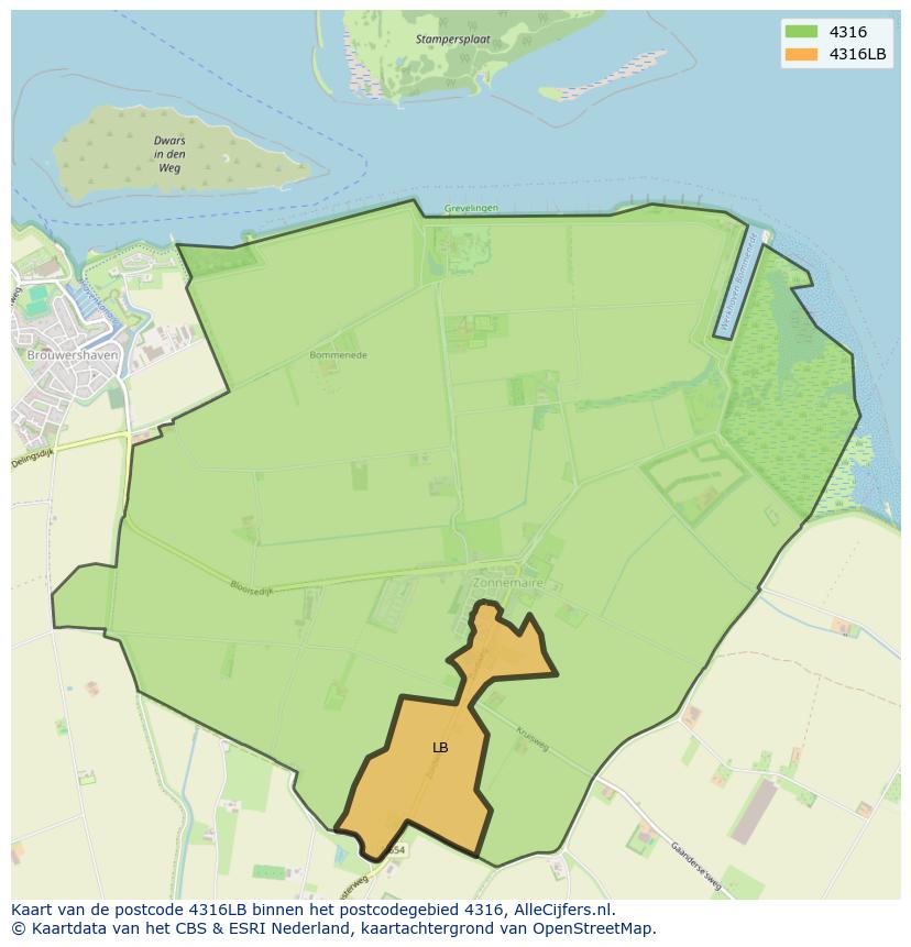 Afbeelding van het postcodegebied 4316 LB op de kaart.