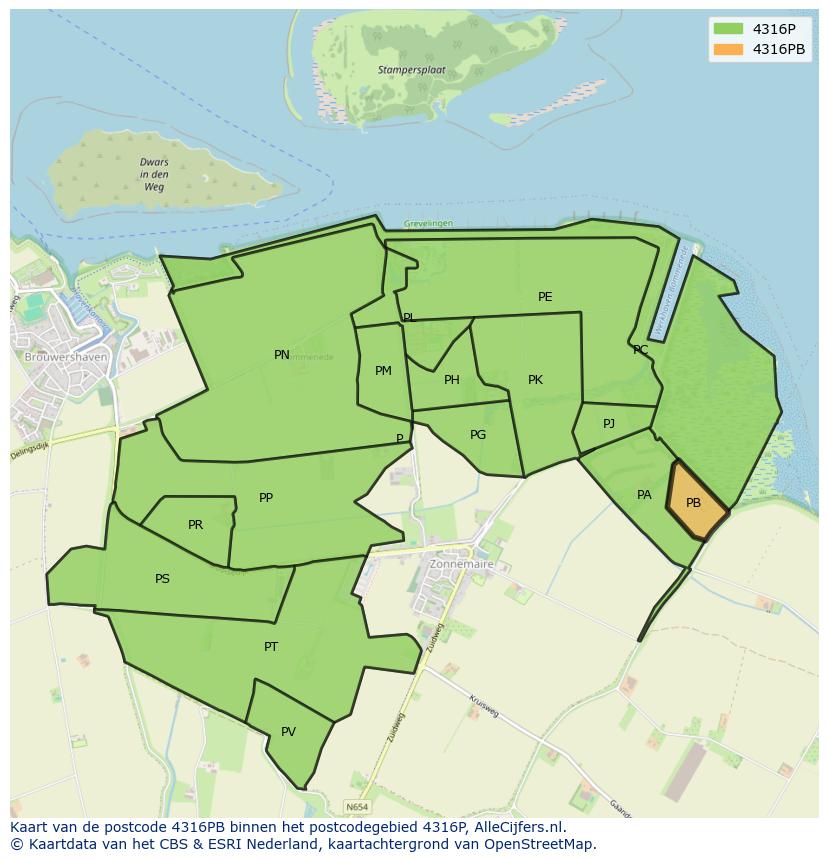 Afbeelding van het postcodegebied 4316 PB op de kaart.