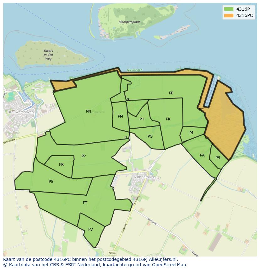 Afbeelding van het postcodegebied 4316 PC op de kaart.