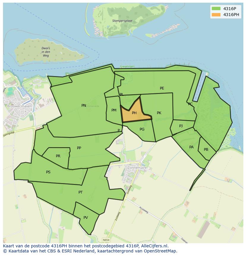 Afbeelding van het postcodegebied 4316 PH op de kaart.