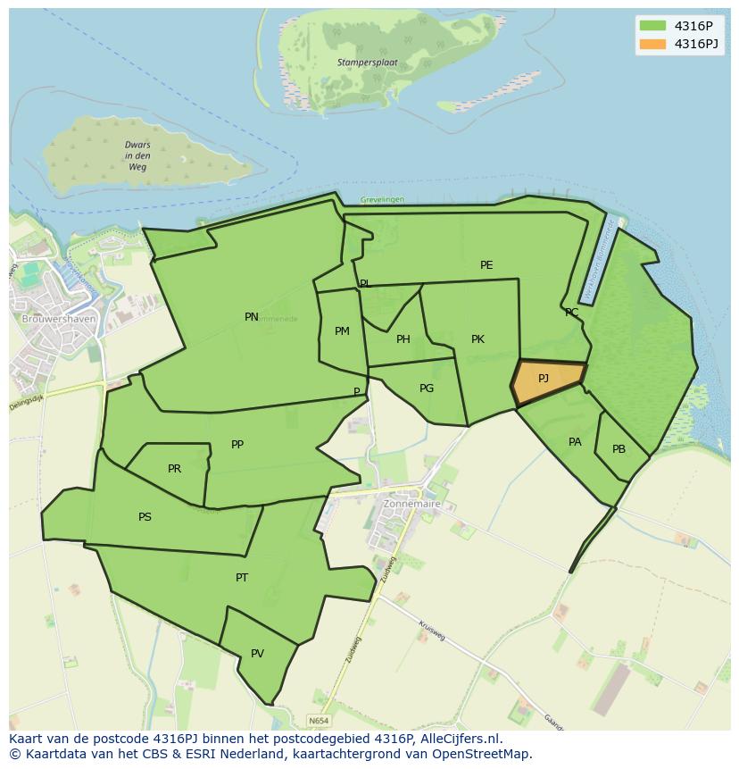 Afbeelding van het postcodegebied 4316 PJ op de kaart.
